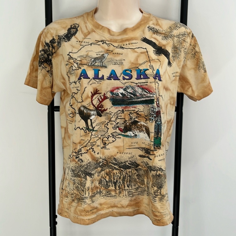 Vintage 90s Alaska Map Graphic T Shirt Kids Size L All Over Print
